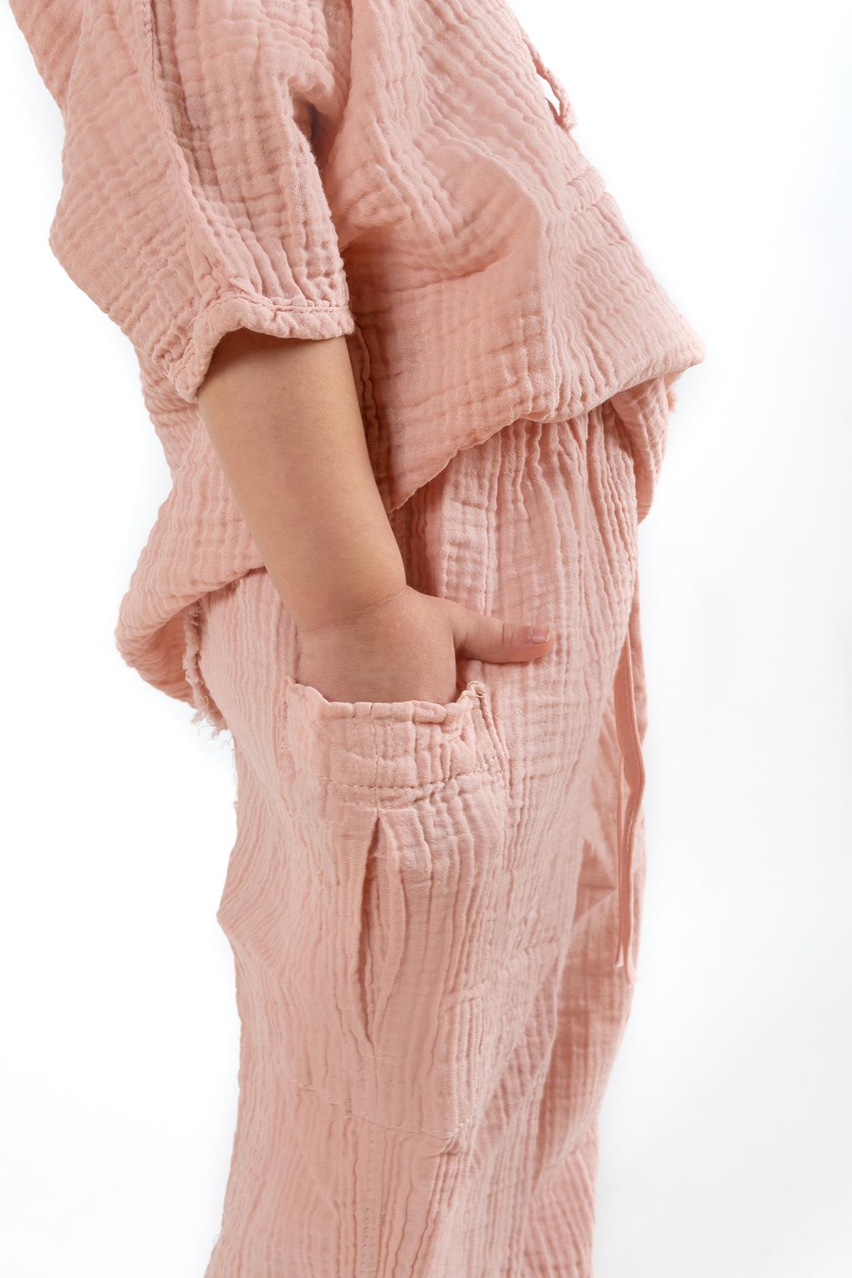 Faven Müslin Unisex Çocuk Kargo Pantolon Pembe