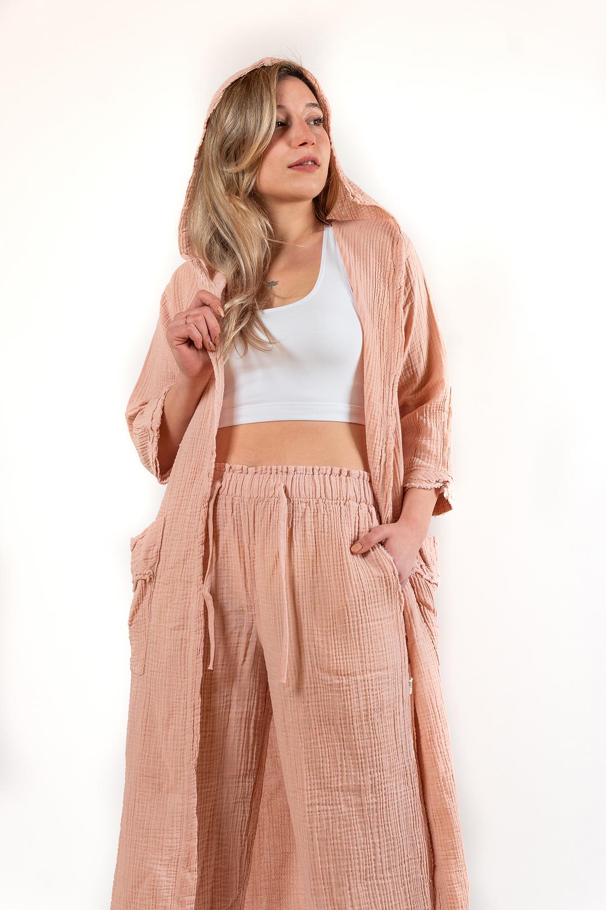 Unisex Faven Müslin Kaftan Pembe
