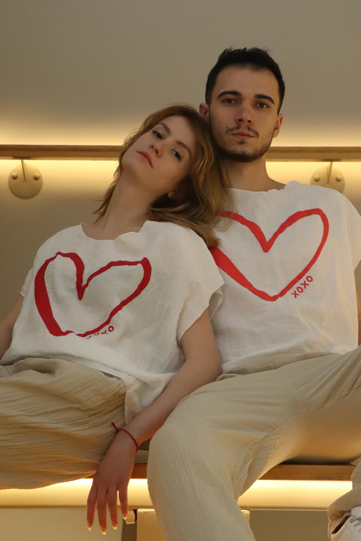 Kalp Baskılı Unisex Müslin Bluz Beyaz