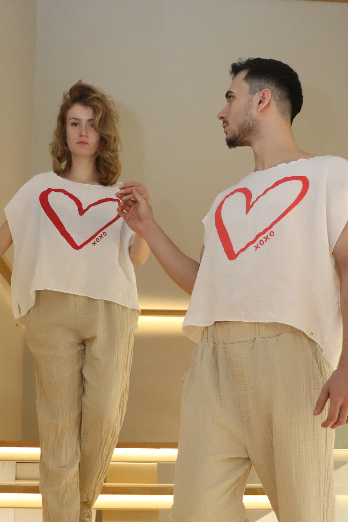 Kalp Baskılı Unisex Müslin Bluz Beyaz