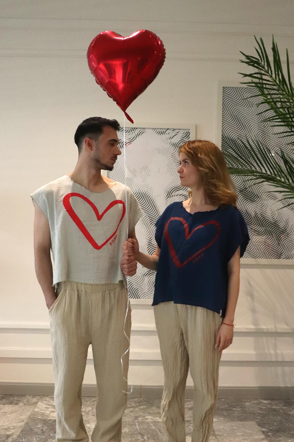 Kalp Baskılı Unisex Müslin Bluz Lacivert