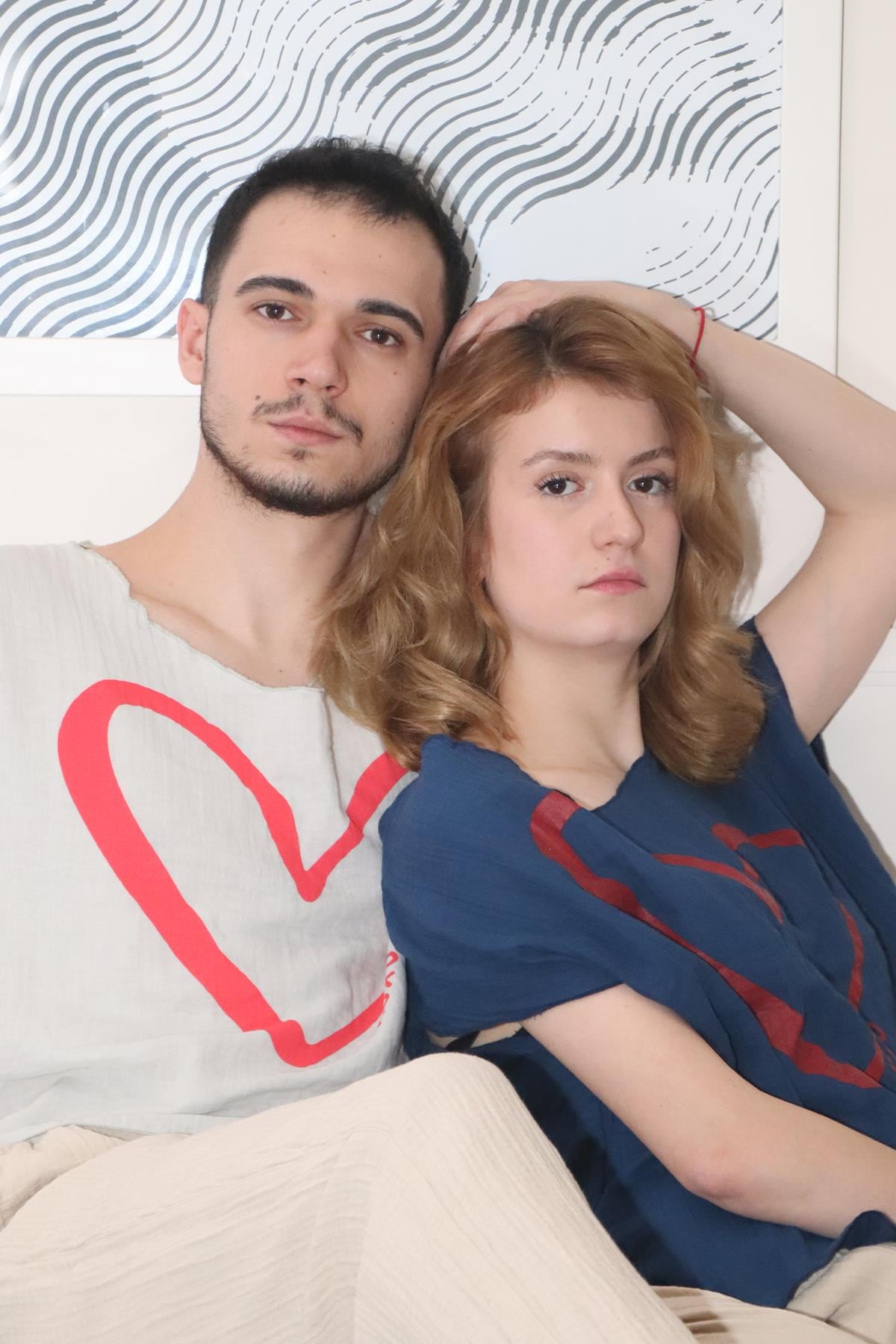 Kalp Baskılı Unisex Müslin Bluz Lacivert
