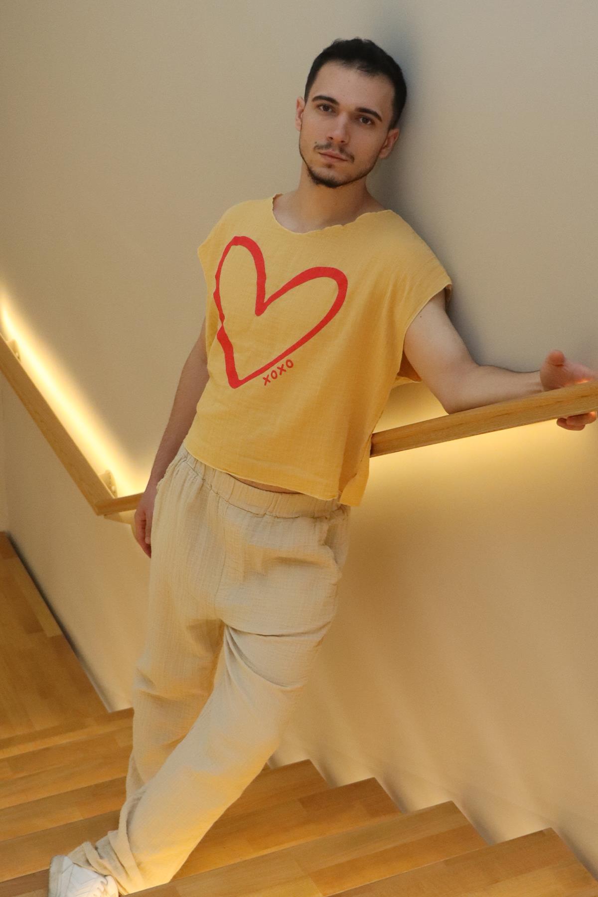 Kalp Baskılı Unisex Müslin Bluz Sarı