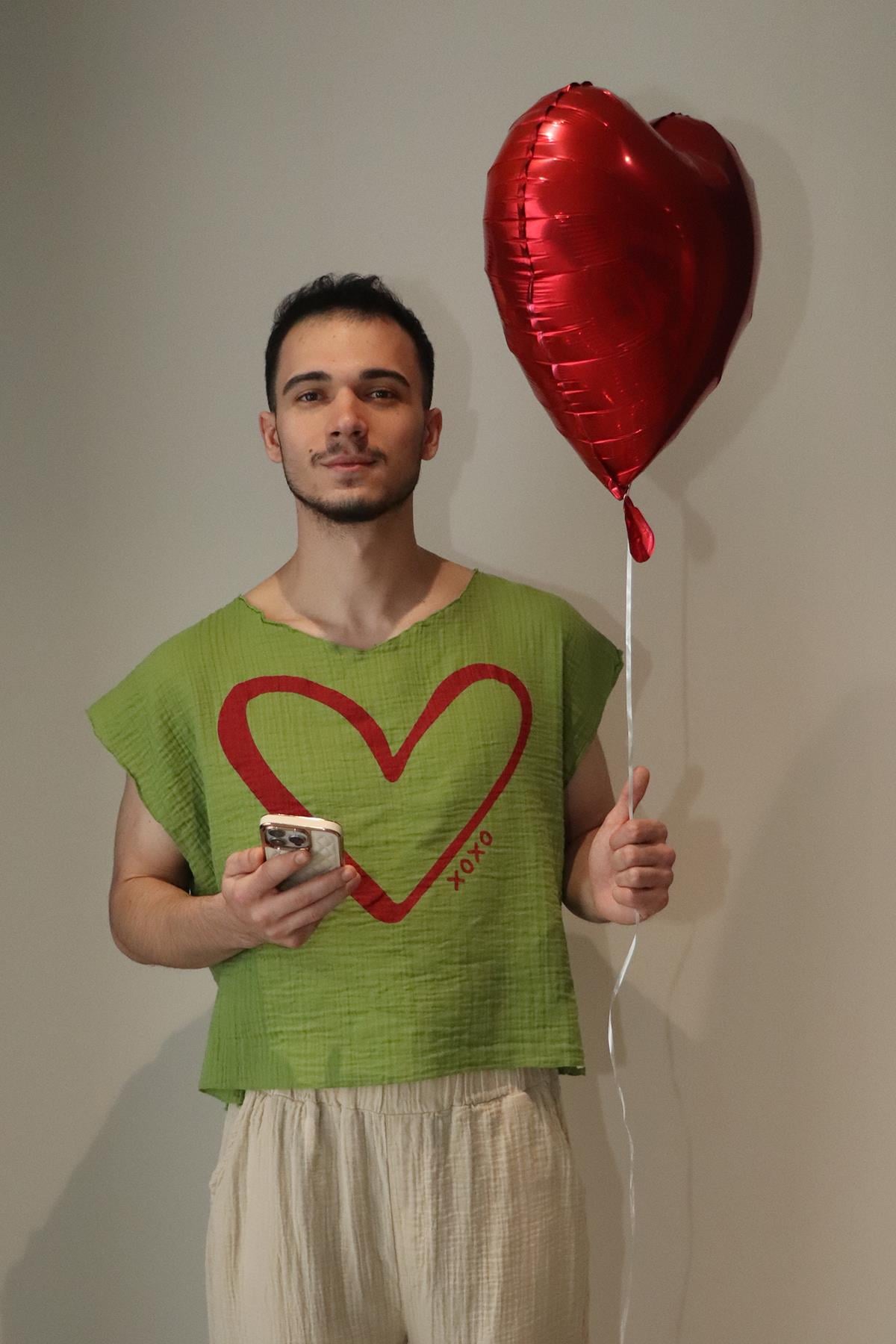 Kalp Baskılı Unisex Müslin Bluz Yeşil