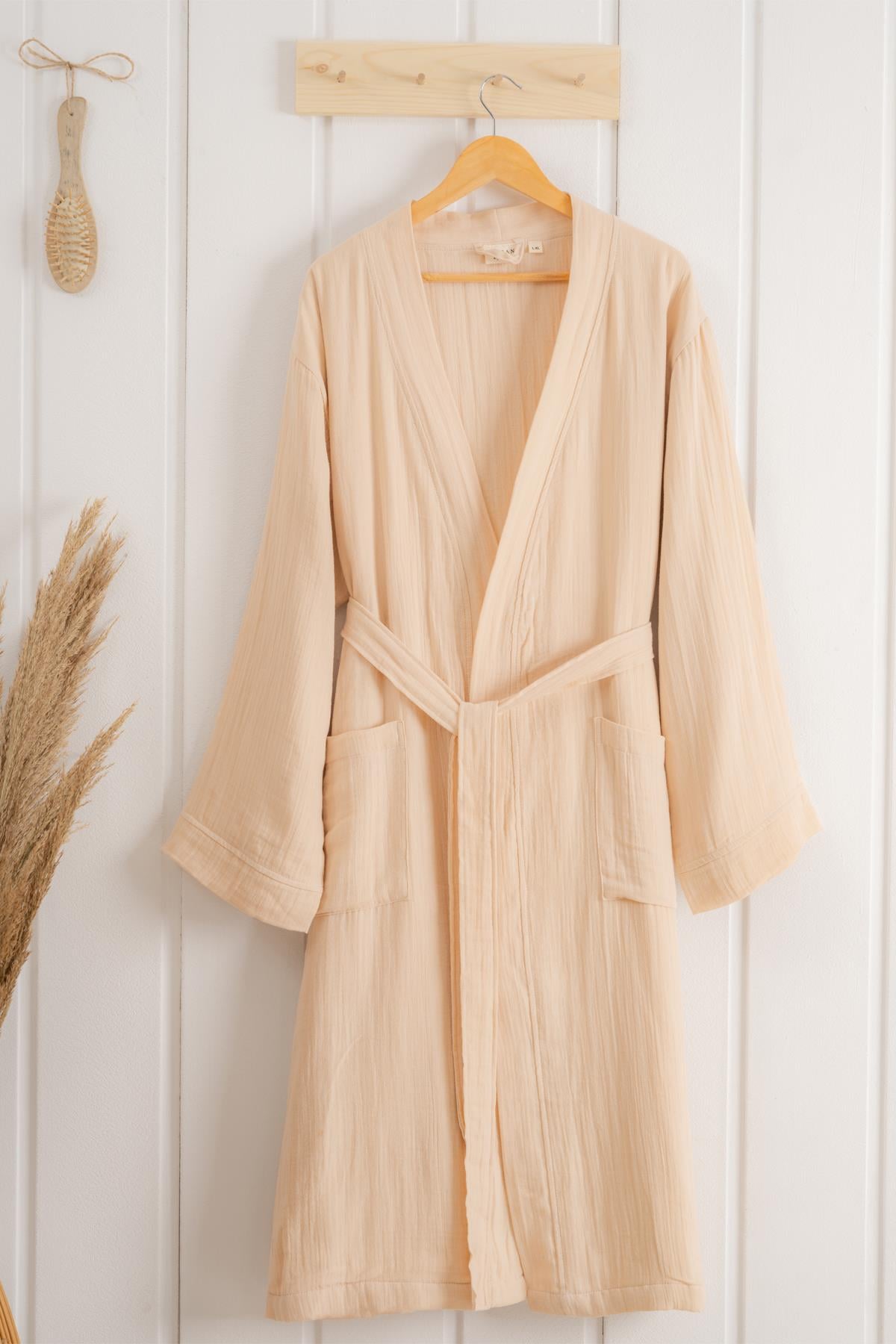 Kimono Yaka Unisex Müslin Bornoz Bej