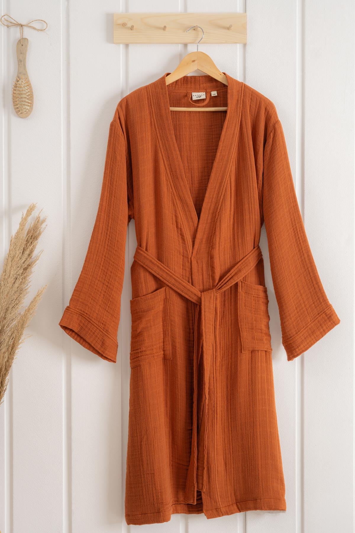 Kimono Yaka Unisex Müslin Bornoz Kiremit