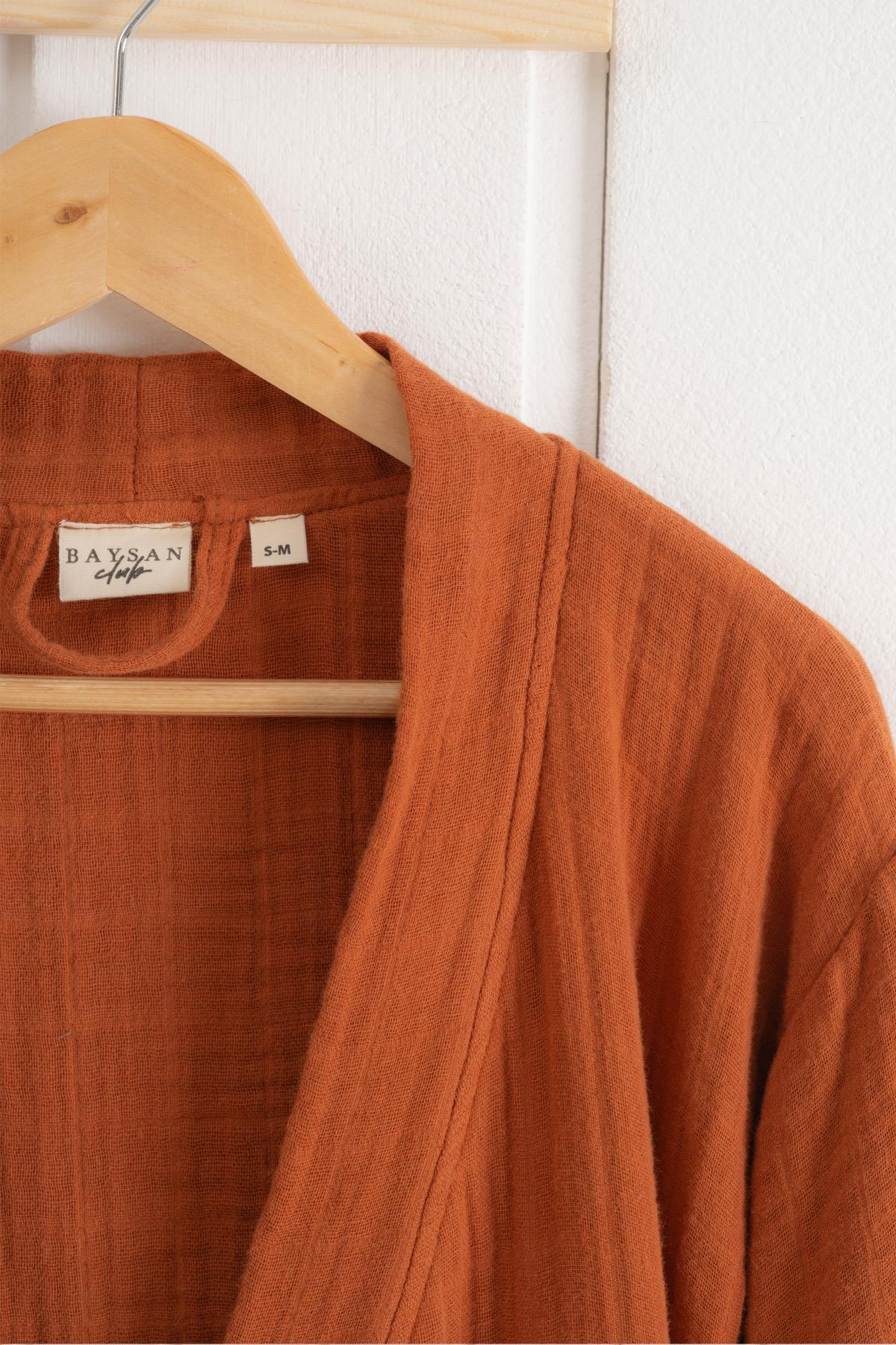 Kimono Yaka Unisex Müslin Bornoz Kiremit