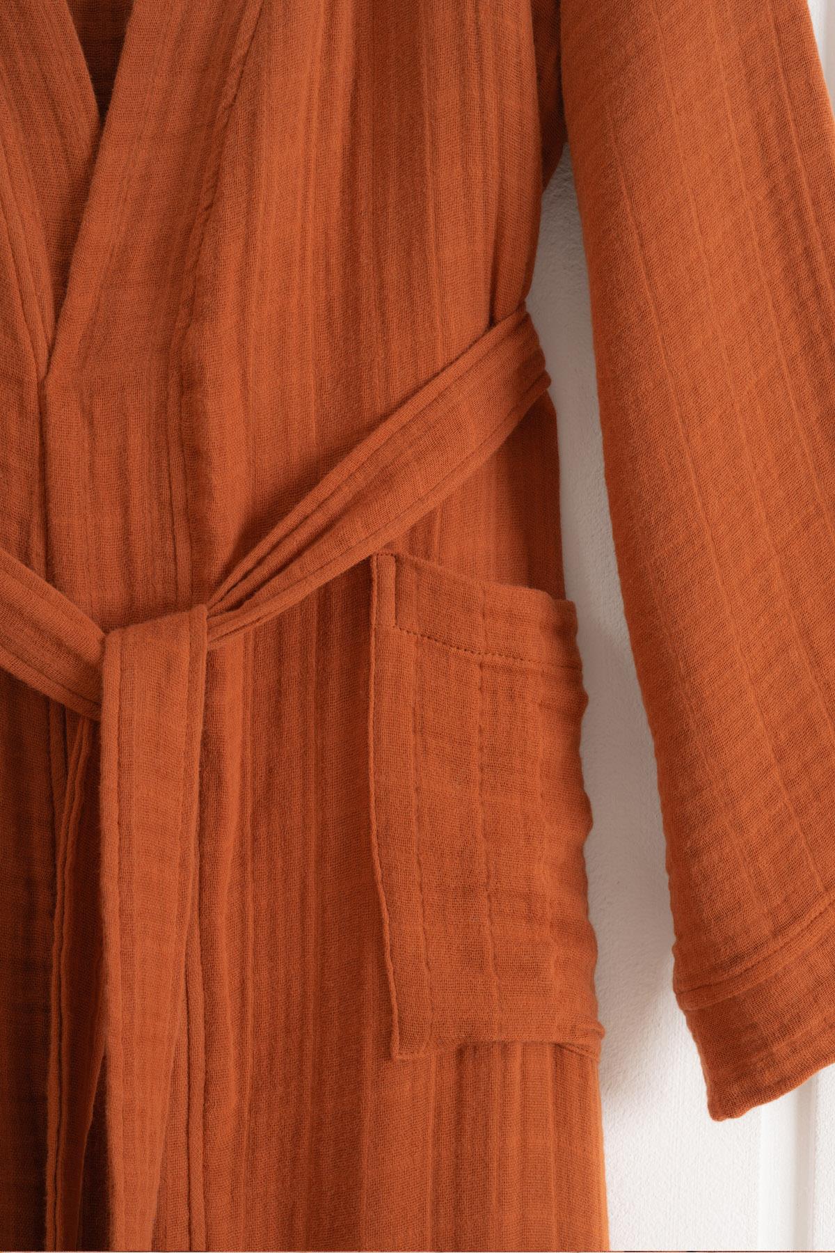 Kimono Yaka Unisex Müslin Bornoz Kiremit