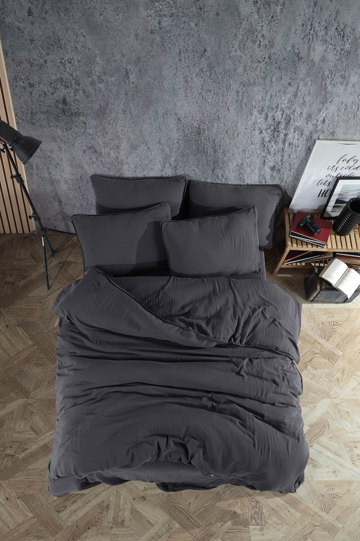 Kutan Müslin Tek Kişilik Nevresim Takımı Antrasit