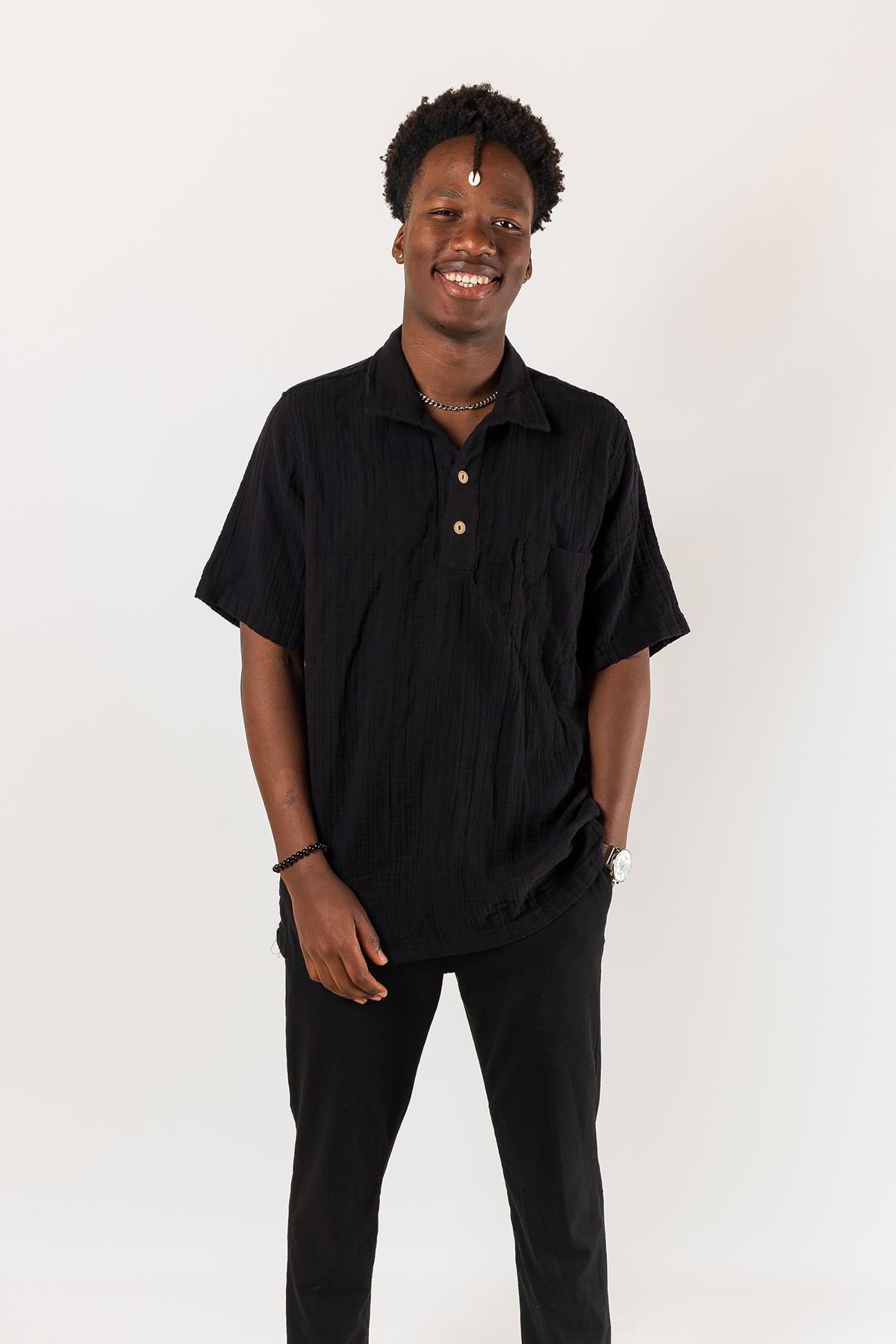 Kyra Müslin Polo Yaka Erkek T-Shirt Siyah