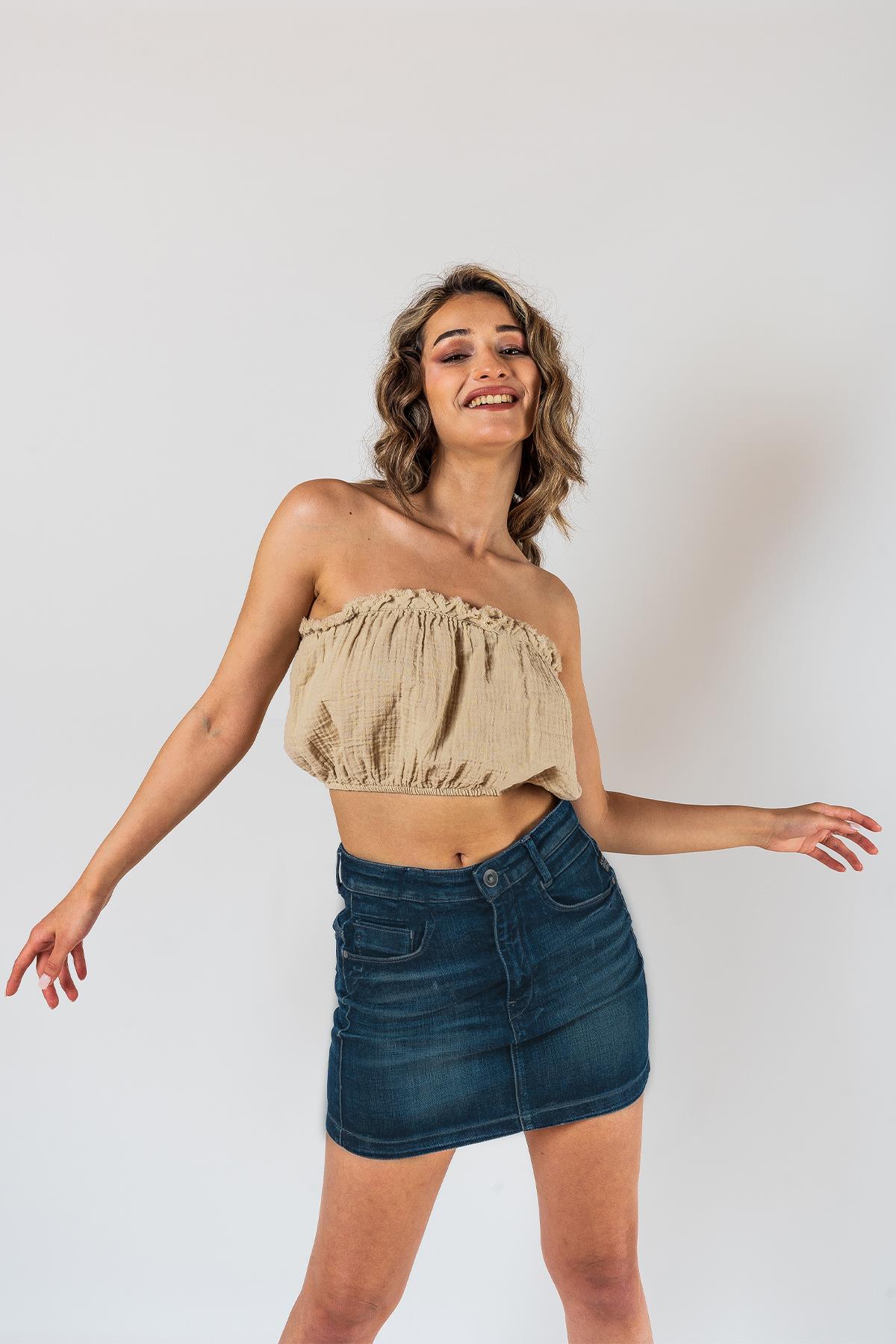 Kyra Müslin Straplez Crop Bej