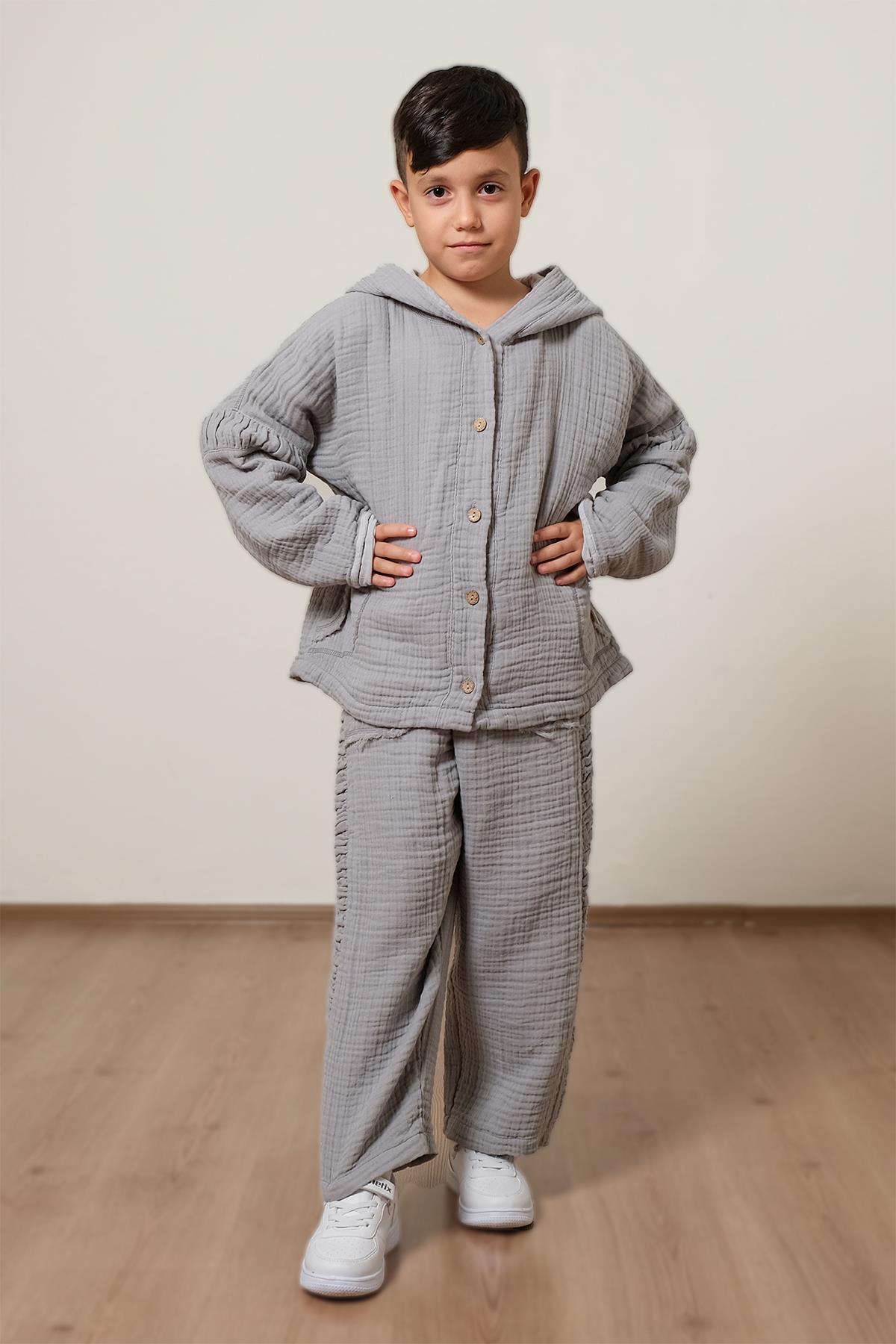 Lambert Müslin Unisex Kapüşonlu Çocuk Ceket Gri