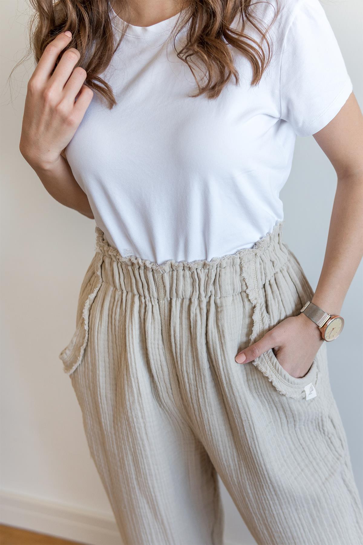 Lambert Müslin Düz Unisex Pantolon Bej
