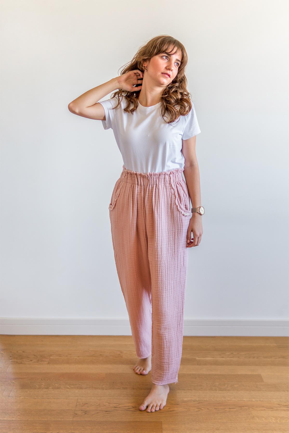 Lambert Müslin Düz Unisex Pantolon Pembe