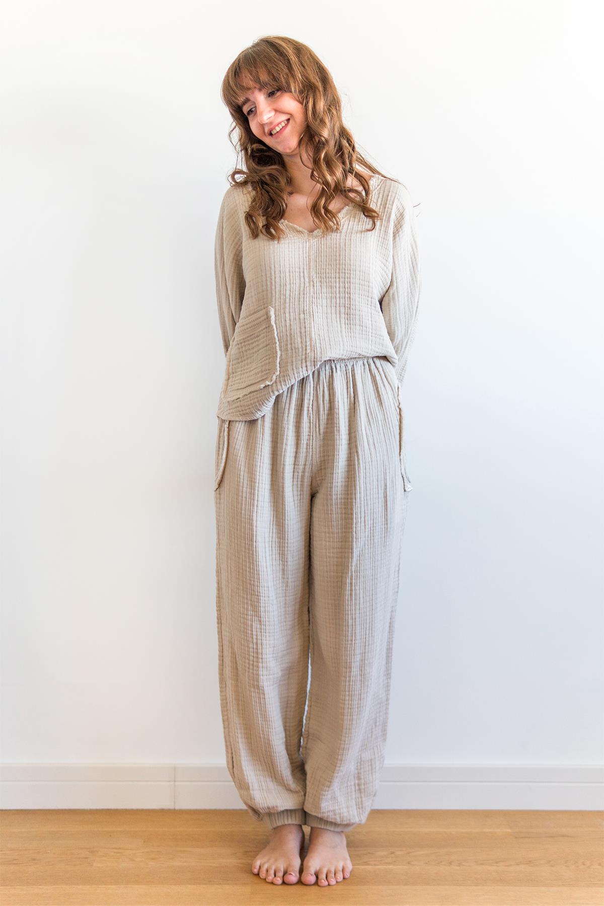 Lambert Müslin Lastikli Unisex Pantolon Bej
