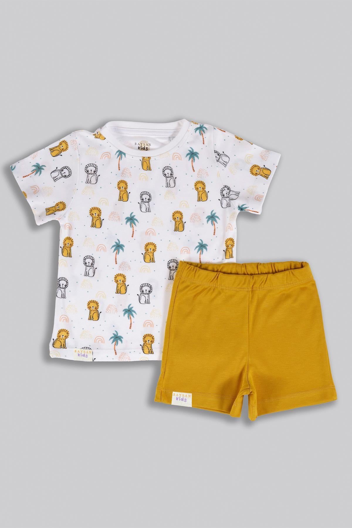 Lion Baskılı Bambu Bebek & Çocuk Kısa Alt-Üst Takım Sarı