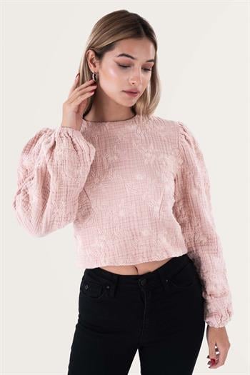 Brode Nakışlı Balon Kol Müslin Bluz Pembe