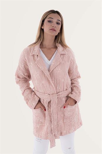 Brode Nakışlı Kadın Müslin Ceket Pembe
