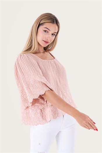 Brode Nakışlı Kare Yaka Müslin Bluz Pembe