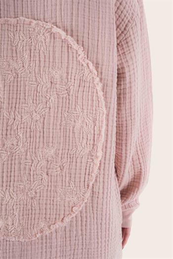 Brode Nakışlı Sırt Detay Unisex Müslin Sweat Pembe