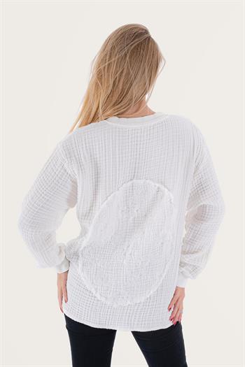 Brode Nakışlı Sırt Detay Unisex Müslin Sweat Beyaz