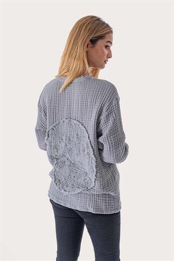 Brode Nakışlı Sırt Detay Unisex Müslin Sweat Gri