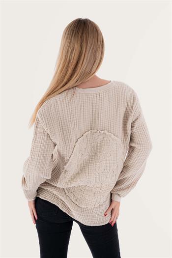 Brode Nakışlı Sırt Detay Unisex Müslin Sweat Bej