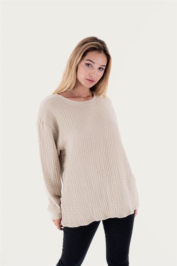 Brode Nakışlı Sırt Detay Unisex Müslin Sweat Bej