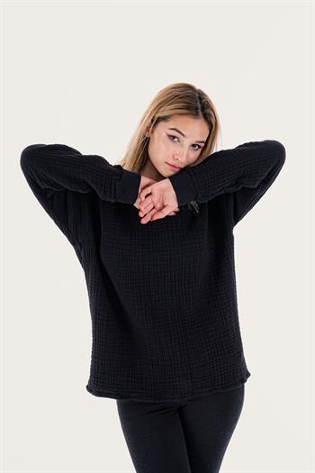 Brode Nakışlı Sırt Detay Unisex Müslin Sweat Siyah