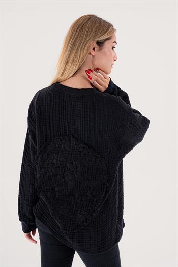 Brode Nakışlı Sırt Detay Unisex Müslin Sweat Siyah