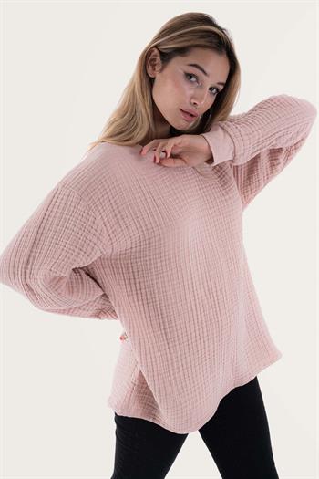 Brode Nakışlı Sırt Detay Unisex Müslin Sweat Pembe