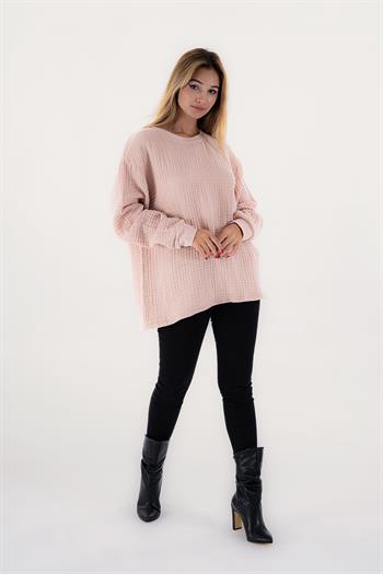 Brode Nakışlı Sırt Detay Unisex Müslin Sweat Pembe