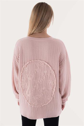 Brode Nakışlı Sırt Detay Unisex Müslin Sweat Pembe