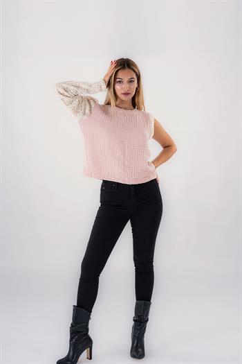 Brode Tek Kol Müslin Bluz Pembe
