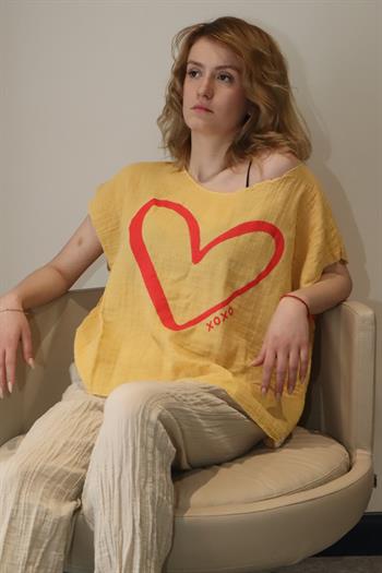 Kalp Baskılı Unisex Müslin Bluz Sarı