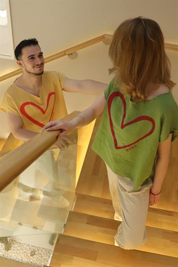 Kalp Baskılı Unisex Müslin Bluz Yeşil