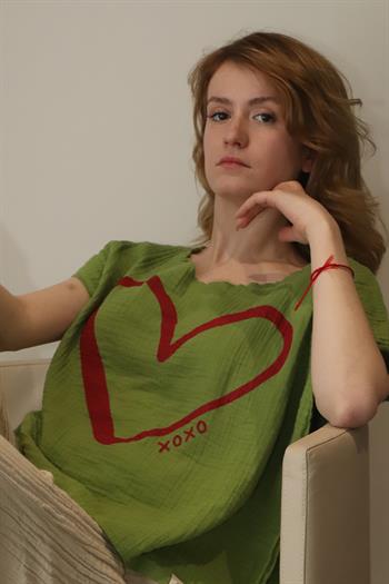 Kalp Baskılı Unisex Müslin Bluz Yeşil