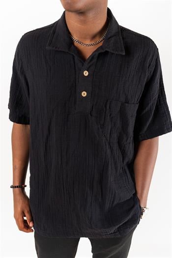 Kyra Müslin Polo Yaka Erkek T-Shirt Siyah