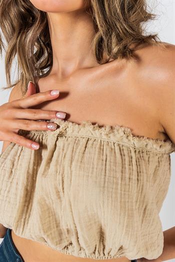 Kyra Müslin Straplez Crop Bej