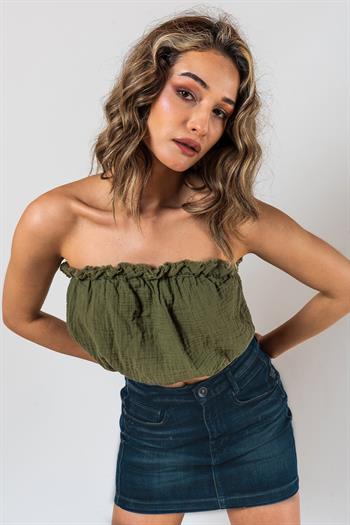 Kyra Müslin Straplez Crop Haki