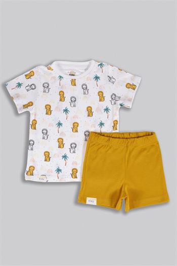 Lion Baskılı Bambu Bebek & Çocuk Kısa Alt-Üst Takım Sarı