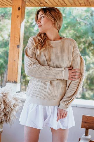 Luken Müslin Püsküllü Kadın Sweat Bej