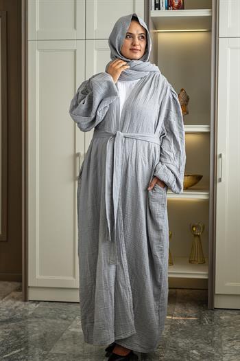 Ravi Müslin Hac & Umre Kimono Takım Gri