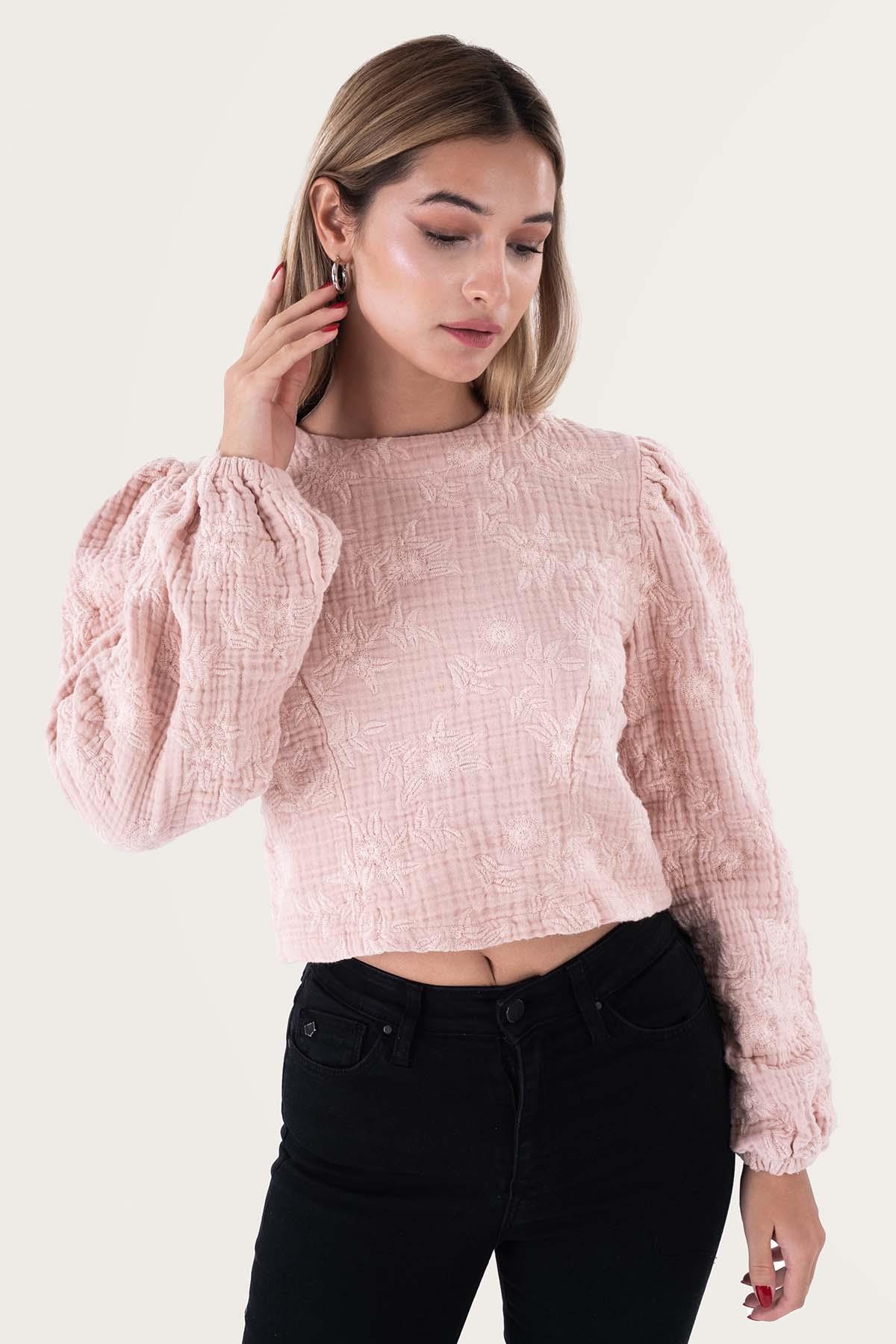 Brode Nakışlı Balon Kol Müslin Bluz Pembe