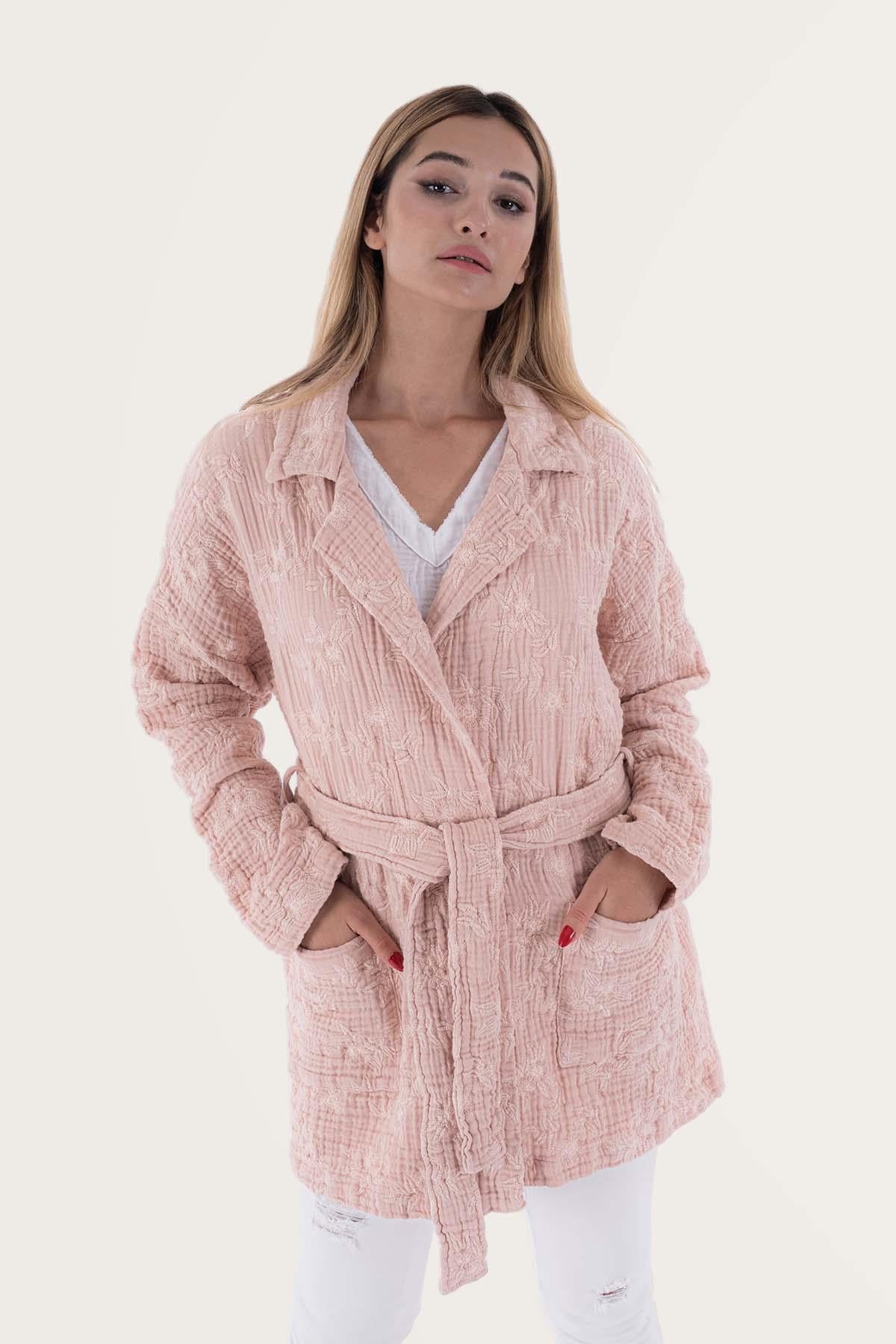 Brode Nakışlı Kadın Müslin Ceket Pembe