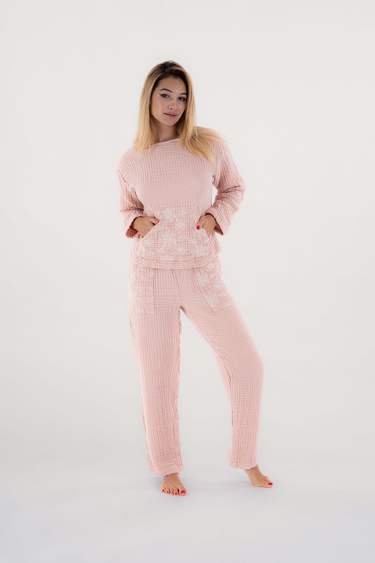 Brode Nakışlı Müslin Takım Pembe