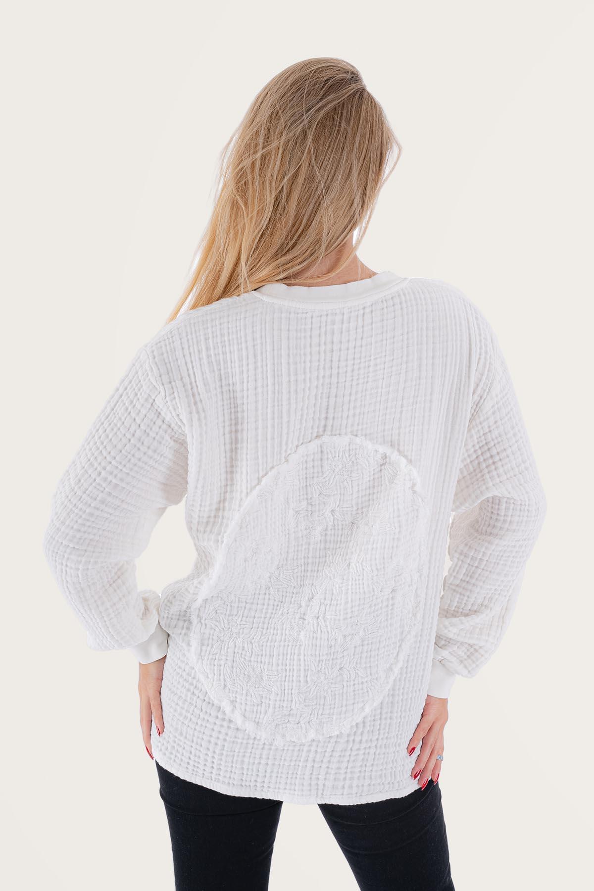 Brode Nakışlı Sırt Detay Unisex Müslin Sweat Beyaz