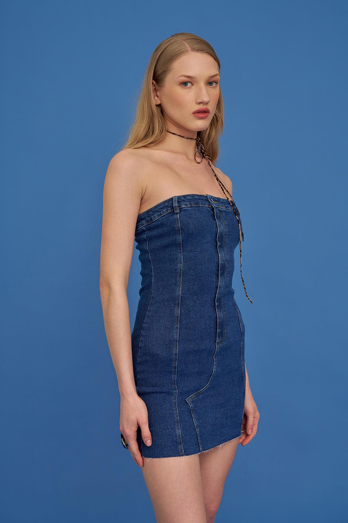 Quzu Denim Strapless Dress Blue