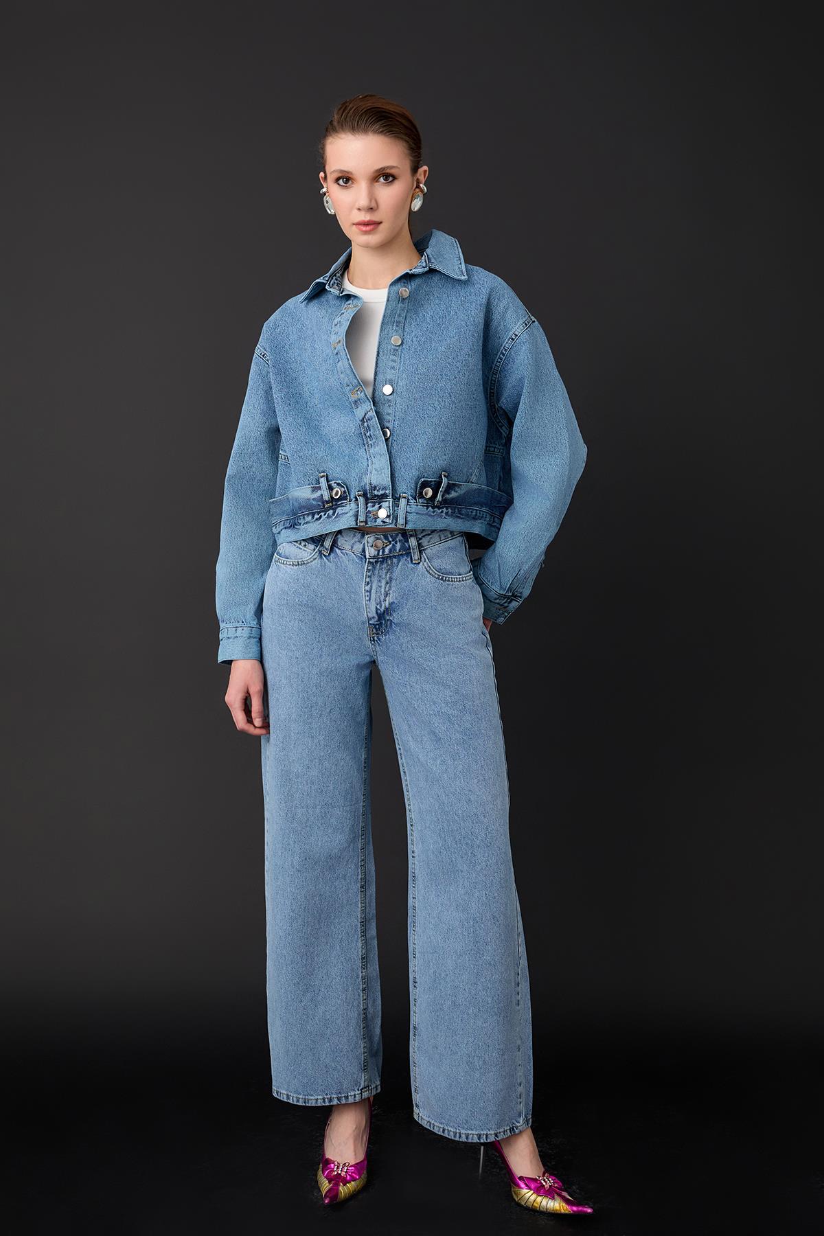 Quzu Belted Detailed Denim Jacket Blue