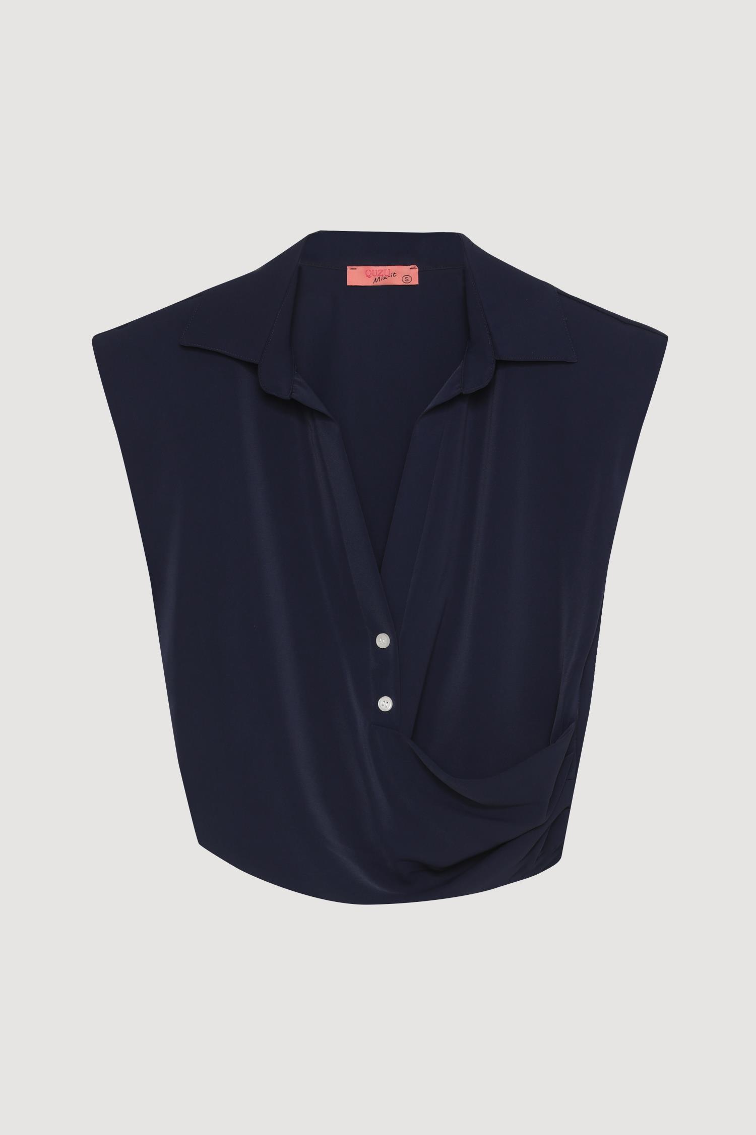 Quzu Front Button Detail Blouse Navy